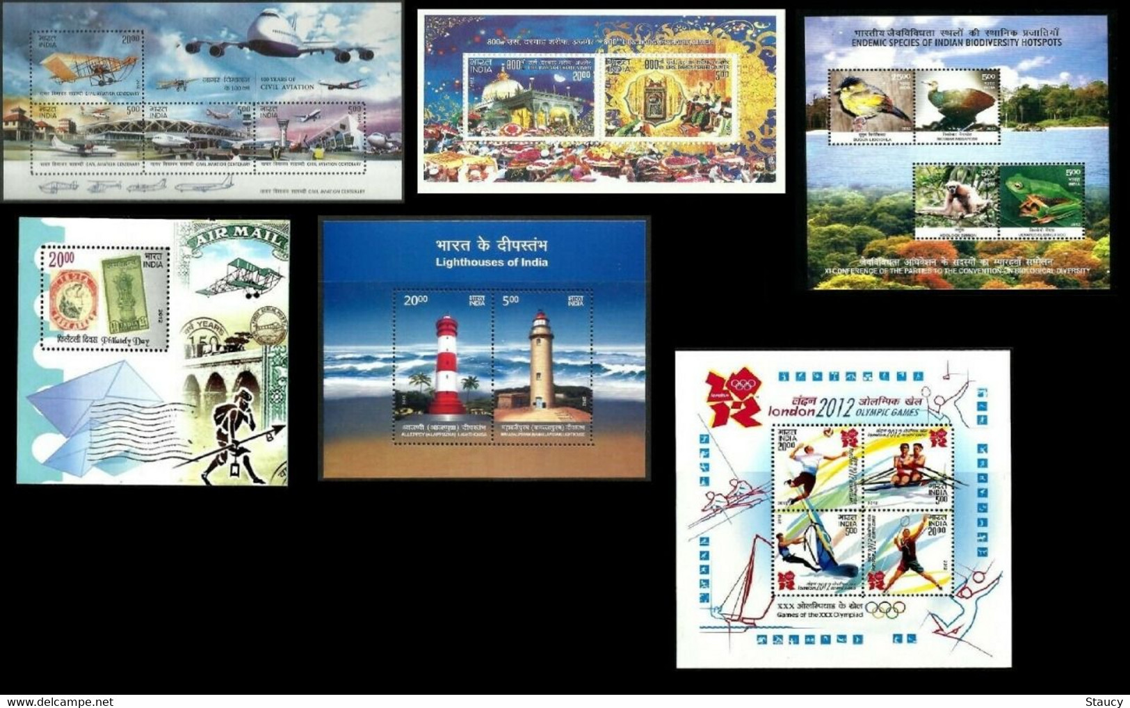 India 2012 Full Set Of Miniature Sheets 6v Lighthouse Olympics Aviation Dargah MS MNH As Per Scan - Chimpancés