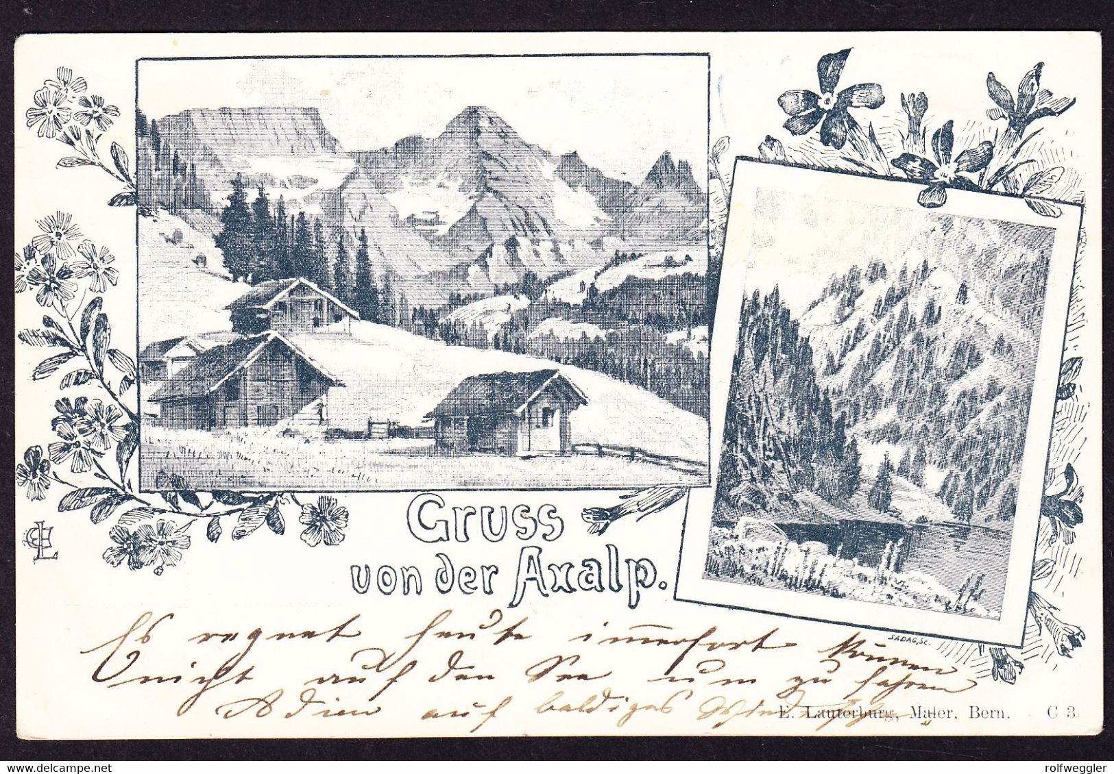 1898 Gelaufene Künstler AK (E. Lauterburg): Gruss Aus Der Axalp Mit Bahnpost (Bönigen) Nach Basel. Leichter Bug - Bönigen