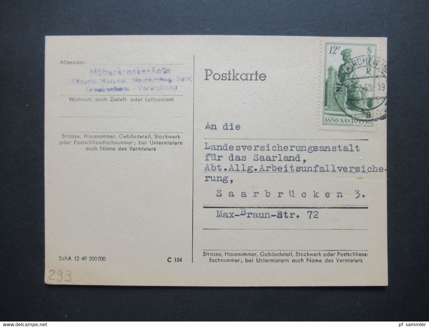 Saar / Saarland 1950 Nr.293 EF Heiliges Jahr Auf PK Hüttenkrankenhaus Betreff Arbeitsunfallversicherung KW 40€ - Briefe U. Dokumente