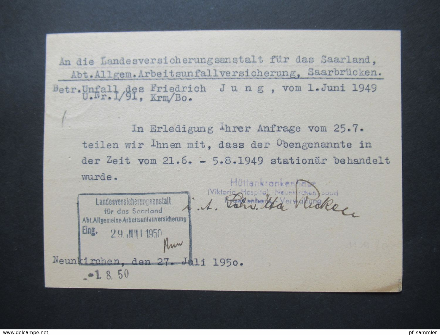 Saar / Saarland 1950 Nr.293 EF Heiliges Jahr Auf PK Hüttenkrankenhaus Betreff Arbeitsunfallversicherung KW 40€ - Cartas & Documentos