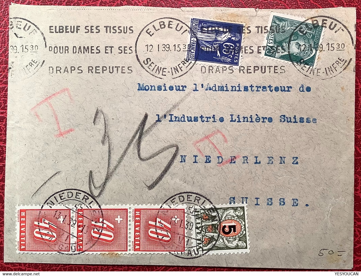 NIEDERLENZ AARGAU 1939 Schweiz Nachportomarken 1937+1938 Brief France Paix+Mercure Elbeuf(Portomarke Lettre Taxé Textile - Segnatasse