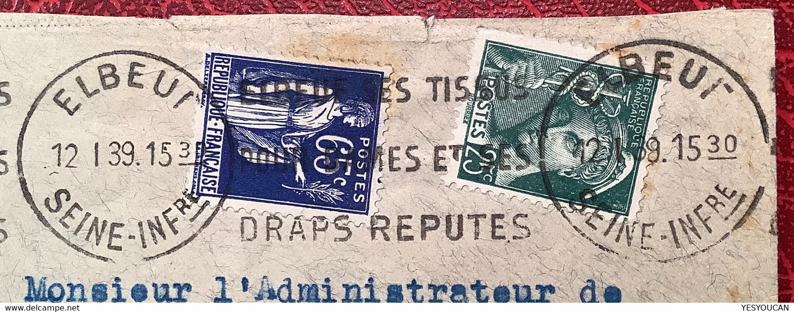 NIEDERLENZ AARGAU 1939 Schweiz Nachportomarken 1937+1938 Brief France Paix+Mercure Elbeuf(Portomarke Lettre Taxé Textile - Strafportzegels