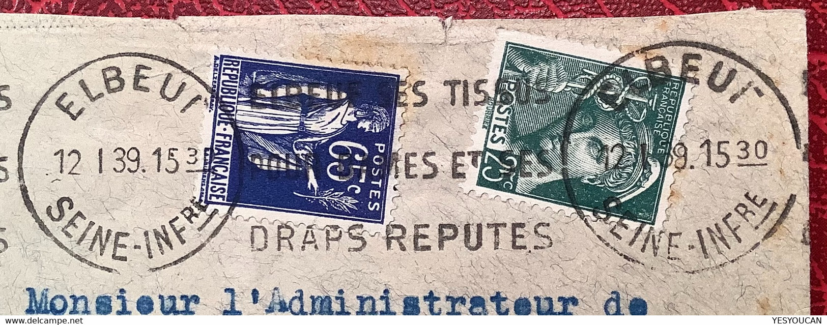 NIEDERLENZ AARGAU 1939 Schweiz Nachportomarken 1937+1938 Brief France Paix+Mercure Elbeuf(Portomarke Lettre Taxé Textile - Segnatasse