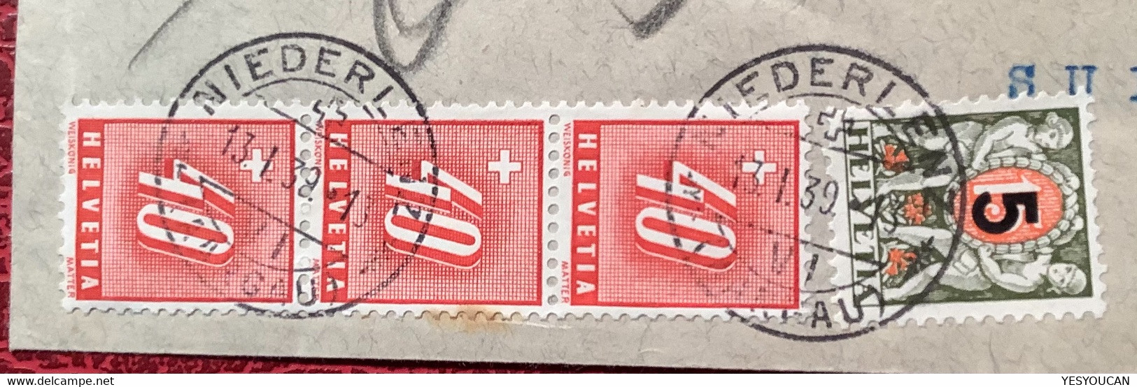 NIEDERLENZ AARGAU 1939 Schweiz Nachportomarken 1937+1938 Brief France Paix+Mercure Elbeuf(Portomarke Lettre Taxé Textile - Strafportzegels