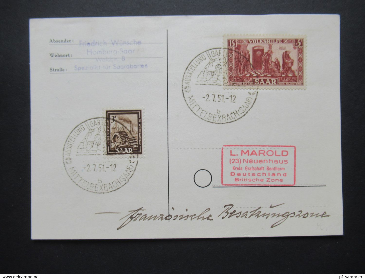 Saar / Saarland 1950 Nr.301 Volkshilfe MiF Auf PK Mit SSt Ausstellung Garten Mittelbexbach (Saar) 160€ - Covers & Documents