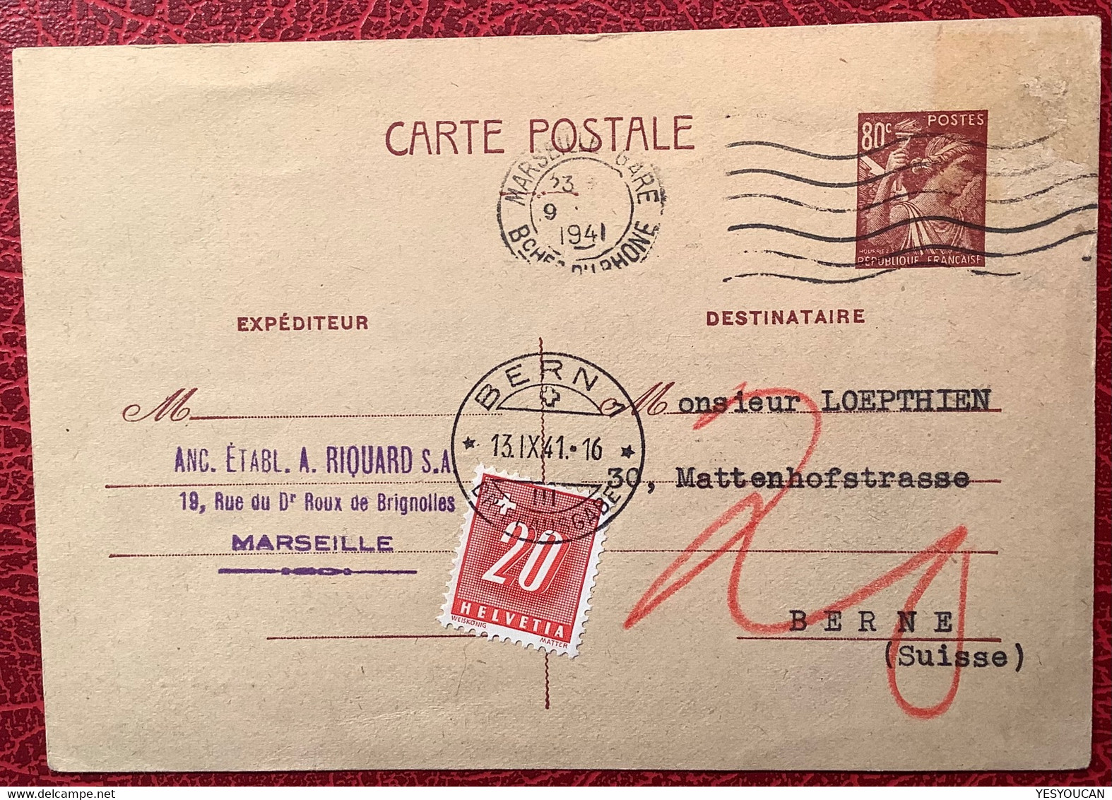TAXATION RARE !  BERN 1941Schweiz Nachportomarke France Entier Postal IRIS Marseille Gare(Portomarke Lettre Brief Taxé) - Taxe