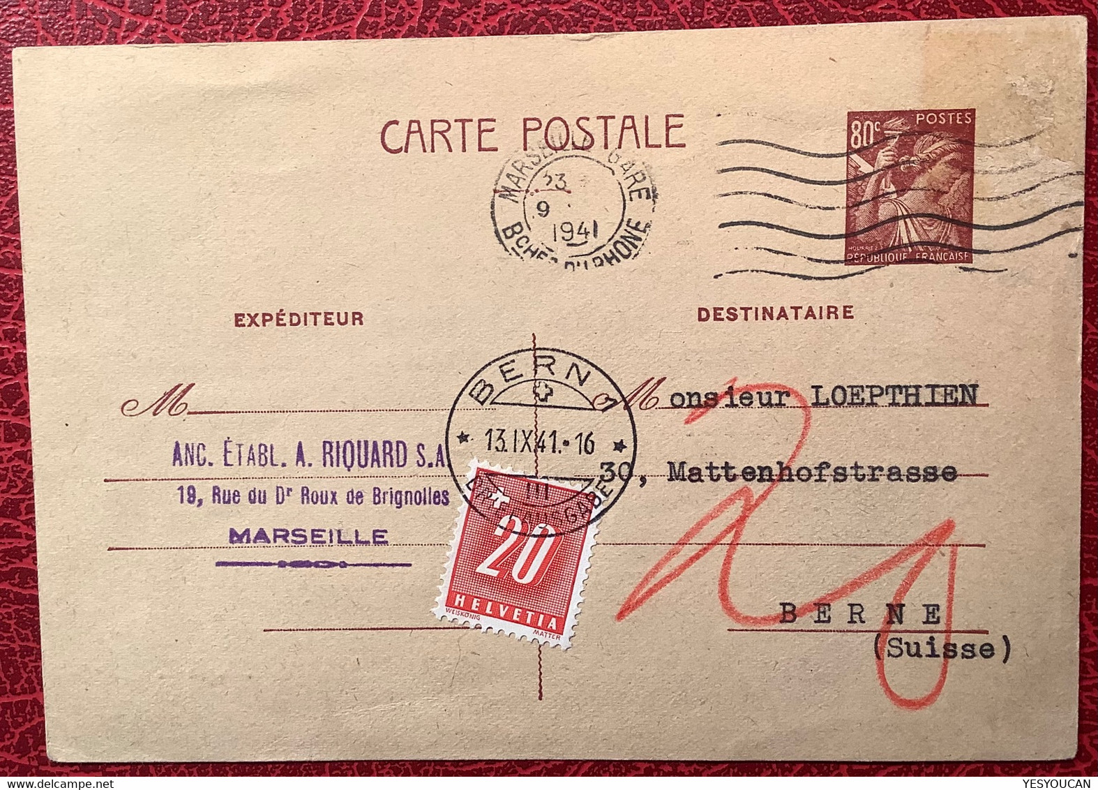 TAXATION RARE !  BERN 1941Schweiz Nachportomarke France Entier Postal IRIS Marseille Gare(Portomarke Lettre Brief Taxé) - Portomarken