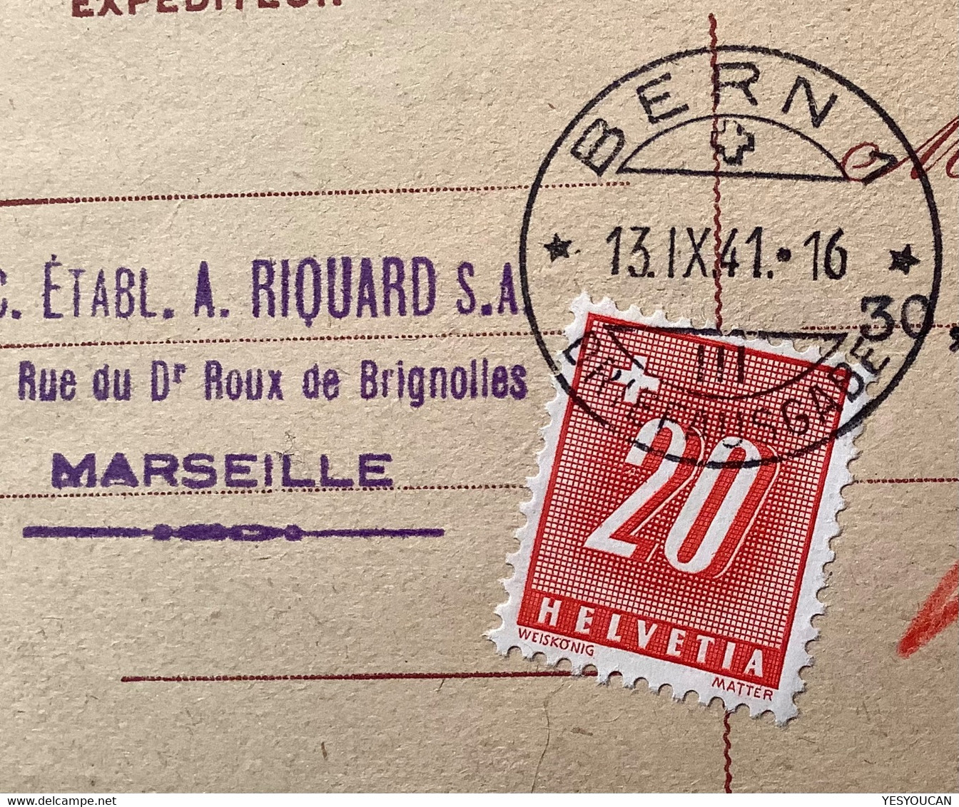 TAXATION RARE !  BERN 1941Schweiz Nachportomarke France Entier Postal IRIS Marseille Gare(Portomarke Lettre Brief Taxé) - Segnatasse