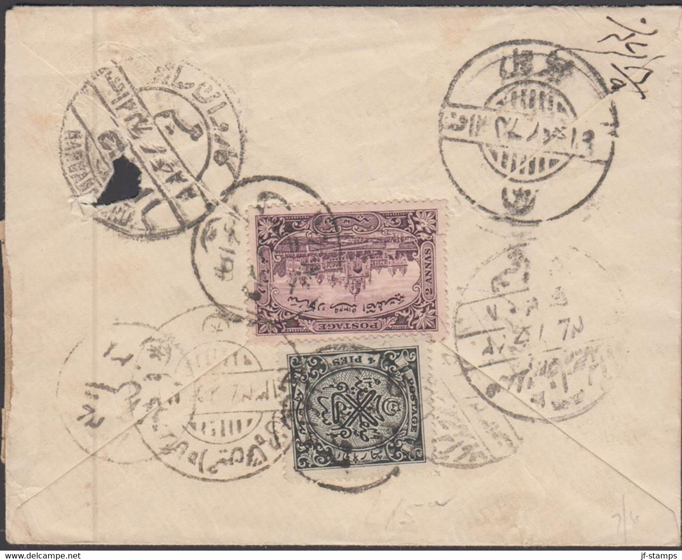 19??. HYDERABAD. 8 PIES ENVELOPE (defect)  Registered. Reverse 2 Stamps 4 PIES And 2 ANNAS (de... (Michel 31) - JF426647 - Chamba