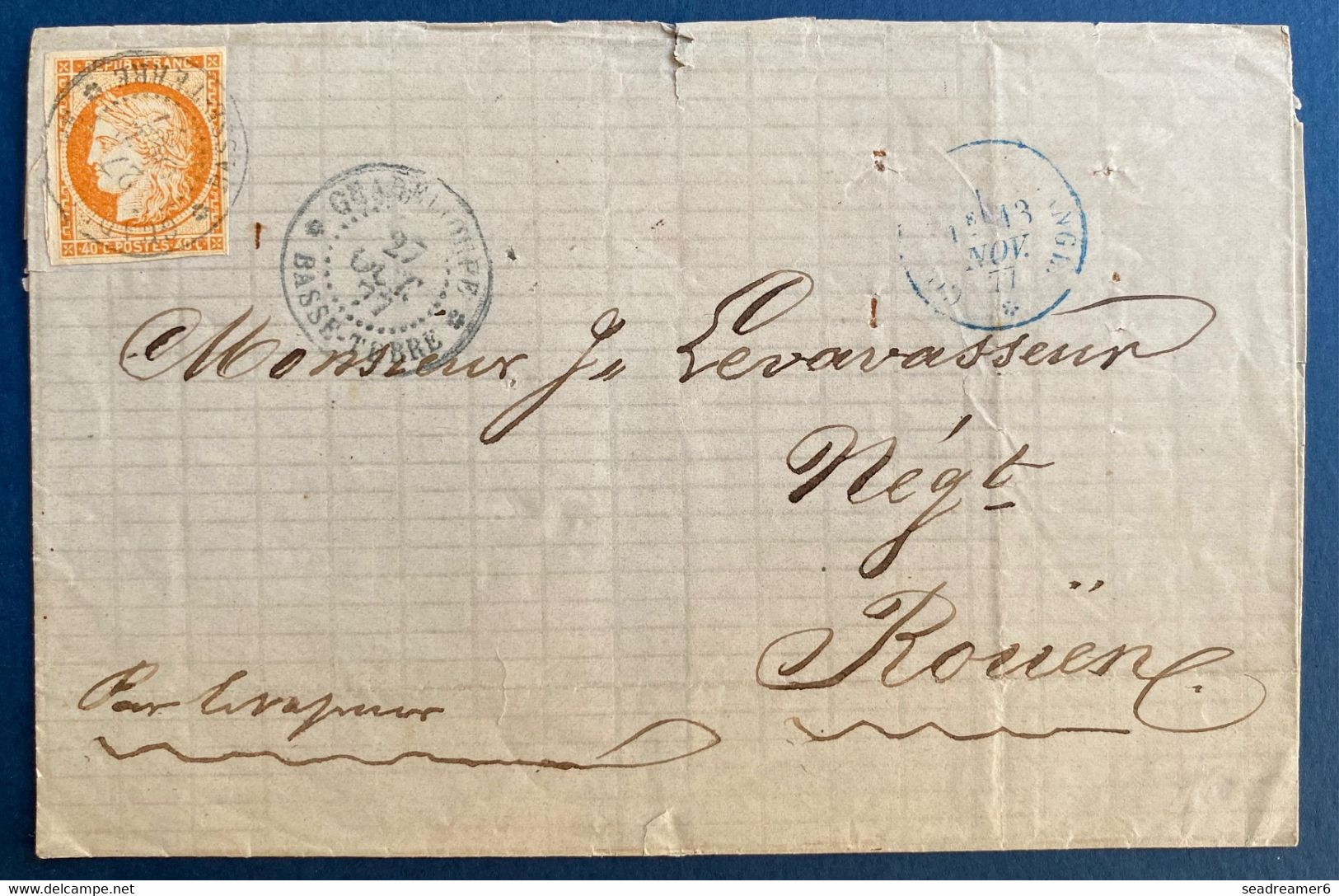 Guadeloupe Lettre 27 Oct 1877 Pour Rouen N°13 Obl Dateur Bleu "Guadeloupe /basse Terre" Par Vapeur Anglais TTB - Lettres & Documents