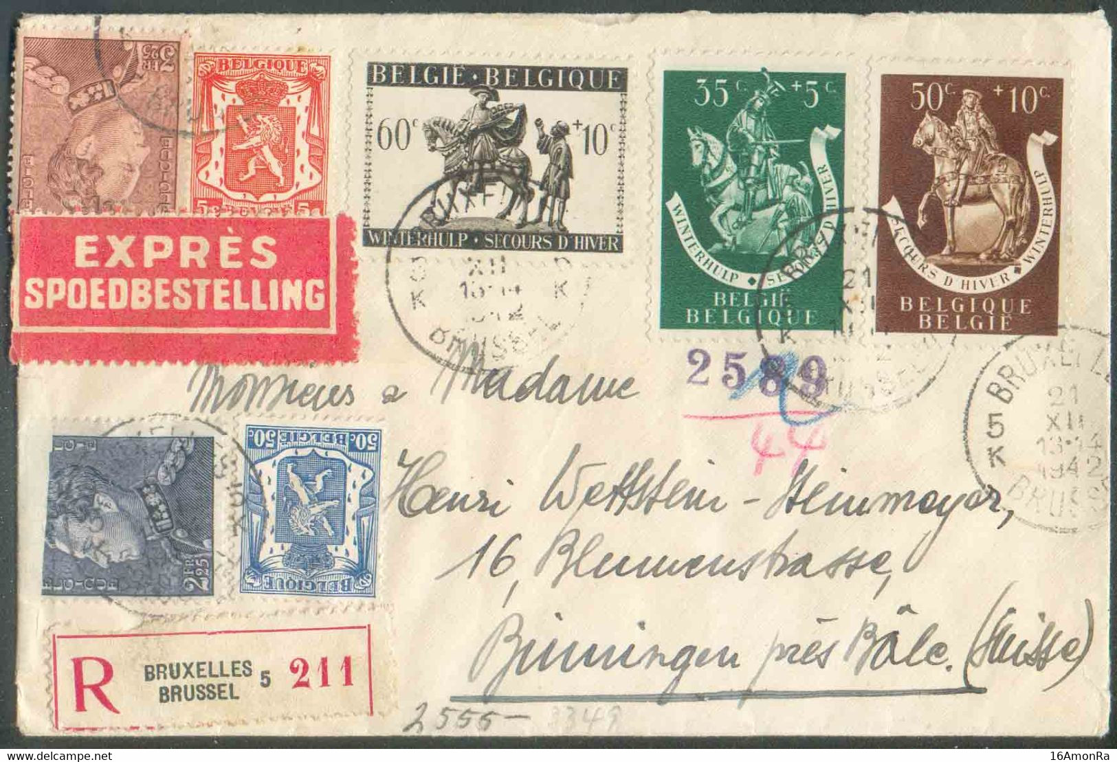 N°419-426-529-531-604/606 Obl. Sc BRUXELLES 5 sur Lettre Recommandée Du 21-XII-1942 Vers Binningen (CH) + 2 Cachets De C - Storia Postale