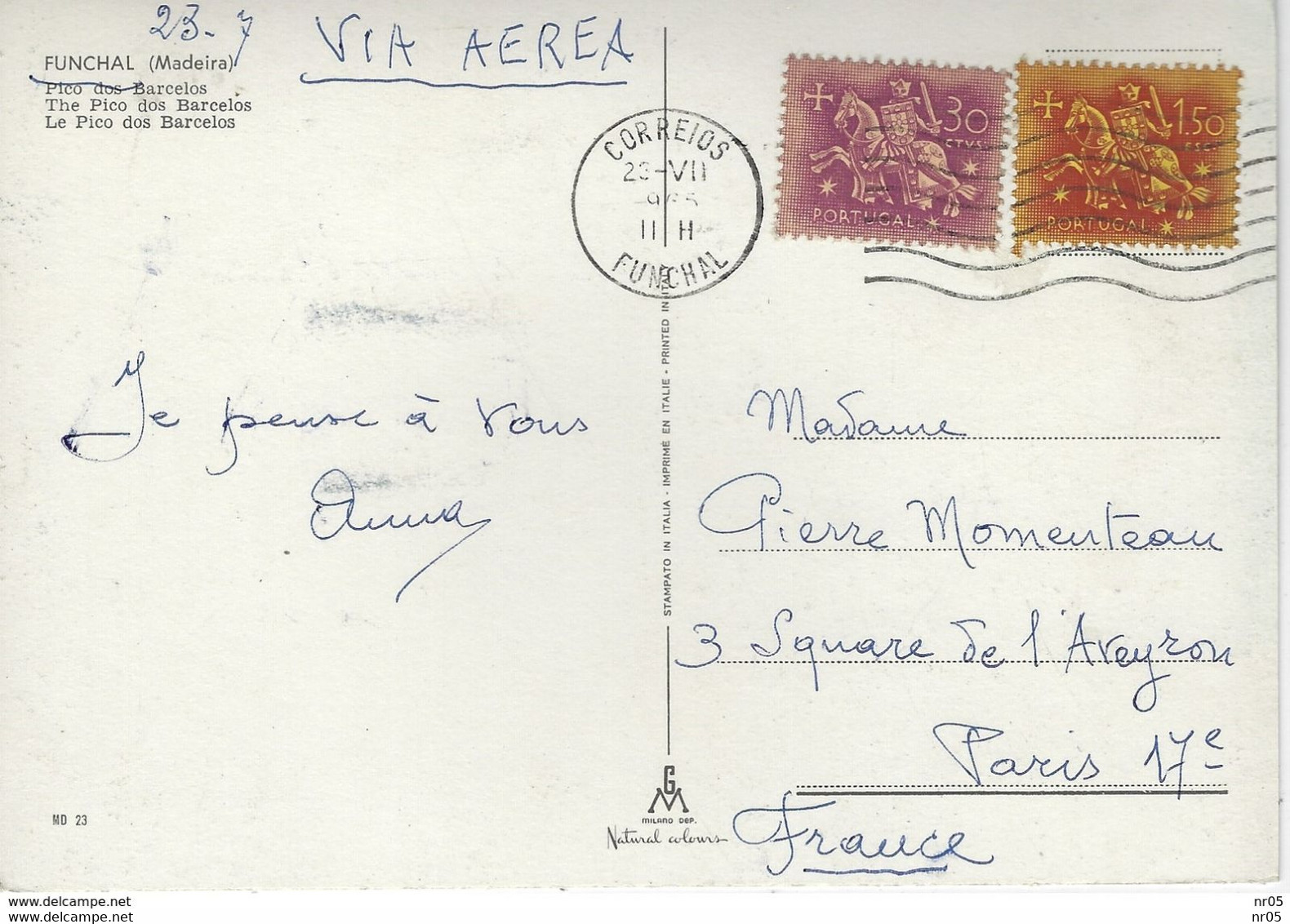 PORTUGAL / FRANCE - Obliteration Mec. CORREIOS - FUNCHALL 1965 Avec 2 Timbres Carte FUNCHALL ( Madeira ) Pico  Barcelos - Funchal