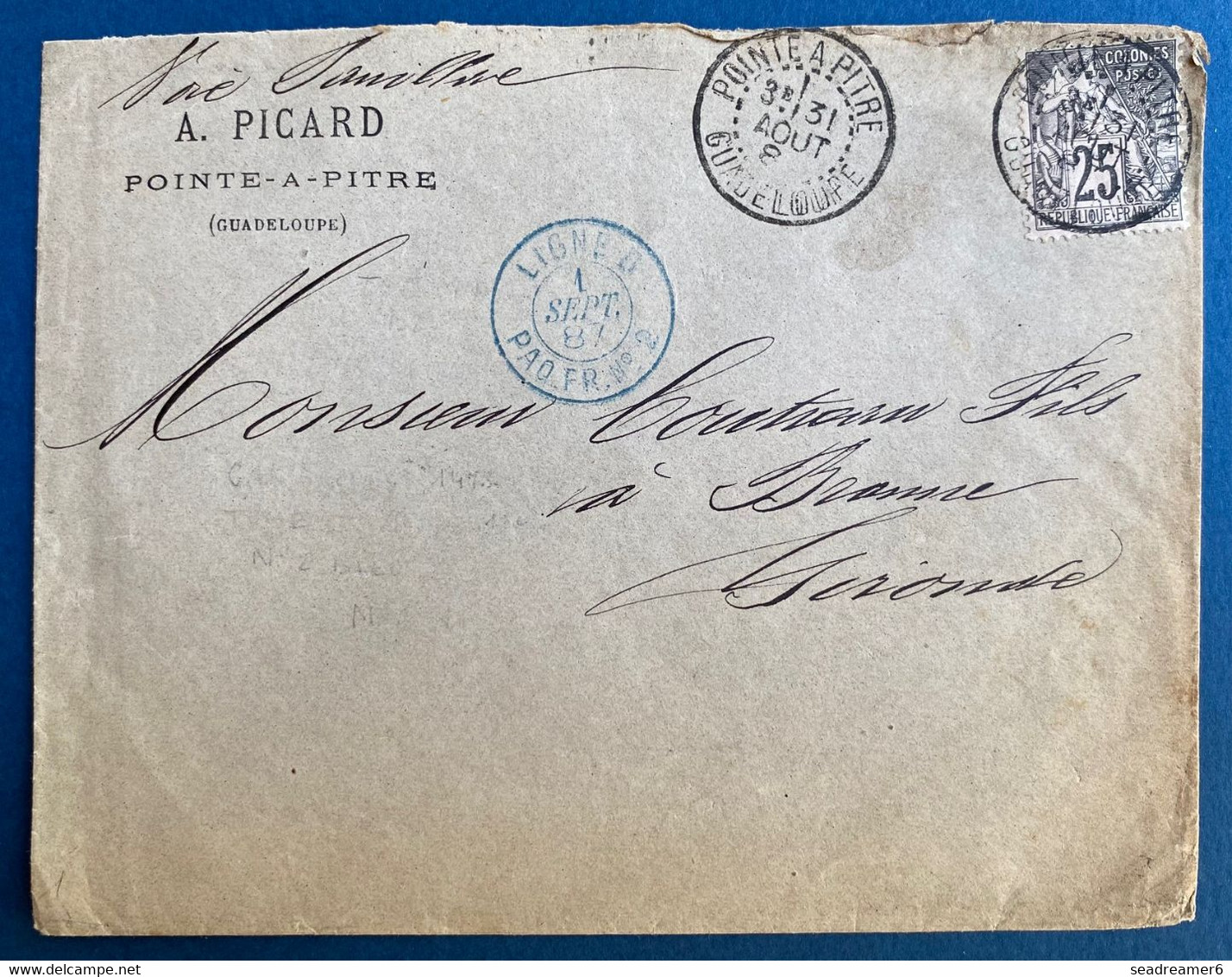Guadeloupe Lettre 31 Aout 1887  Pour Branne N°54 Obl "pointe A Pitre / Guadeloupe" + Dateur Bleu " Ligne D /paq Fr N°2 - Storia Postale