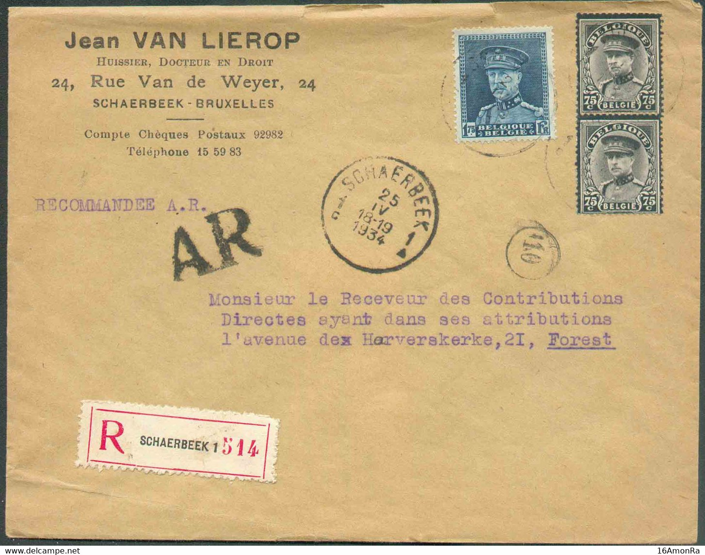 N°320-384(2) - Affr. KEPI à 3Fr.25 Obl. Sc SCHAERBEEK 1 sur Lettre Recommandée Du 25-IV-1934 + Griffe AR vers Forest. - - 1931-1934 Képi