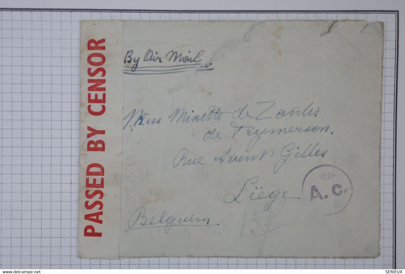 C  INDIA  BELLE  LETTRE CENSORED ENTIER SURCHARGE 1942 BOMBAY  A  LIEGE BELGIQUE ++1R+ AFFR. INTERESSANT - 1936-47 Roi Georges VI