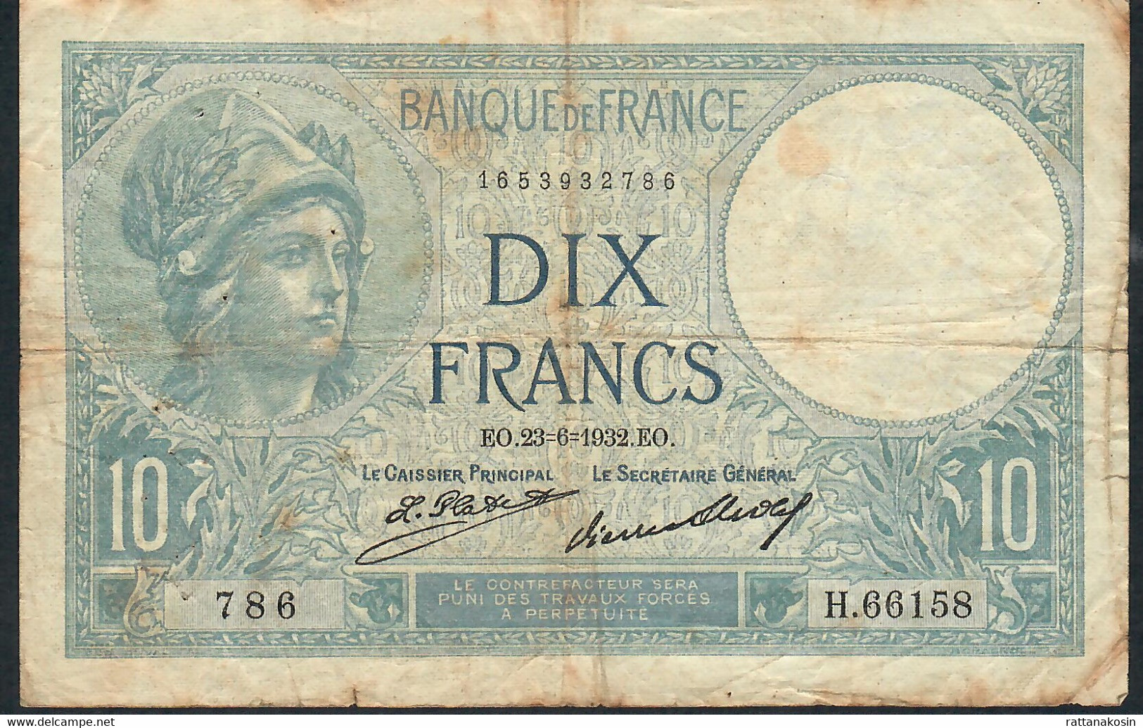 FRANCE P73d =FAY.6.16  10 FRANCS 23.6.1932      F-aVF NO P.h. - 10 F 1916-1942 ''Minerve''