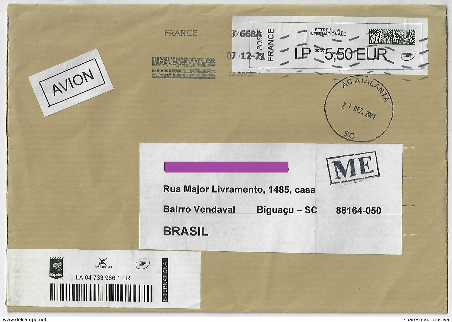 Brazil 2021 Barcode Label Registered Cover From Chinon France To Biguaçu Service Cancel ME = Misdirected Atalanta - Covers & Documents