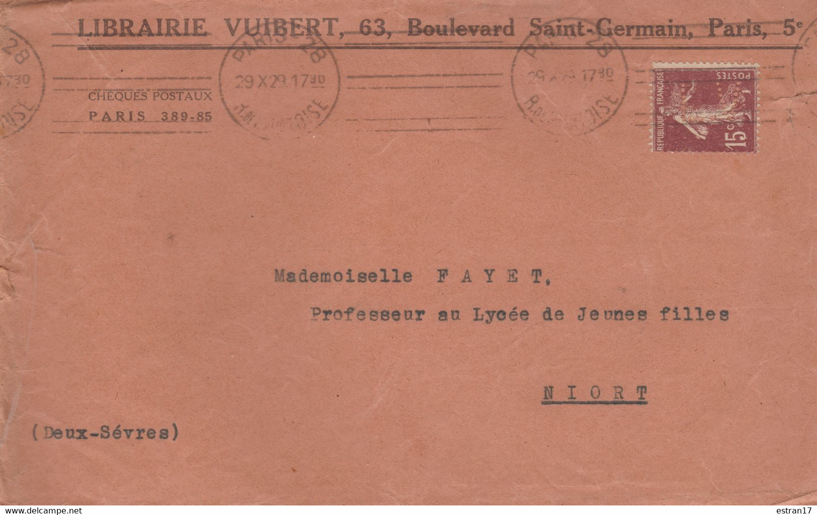 LETTRE LIBRAIRIE VUIBERT PARIIS 5e AFFRANCHIE AVEC UN  15C BRUN-VIOLET TYPE SEMEUSE PERFORE L. V. - Storia Postale