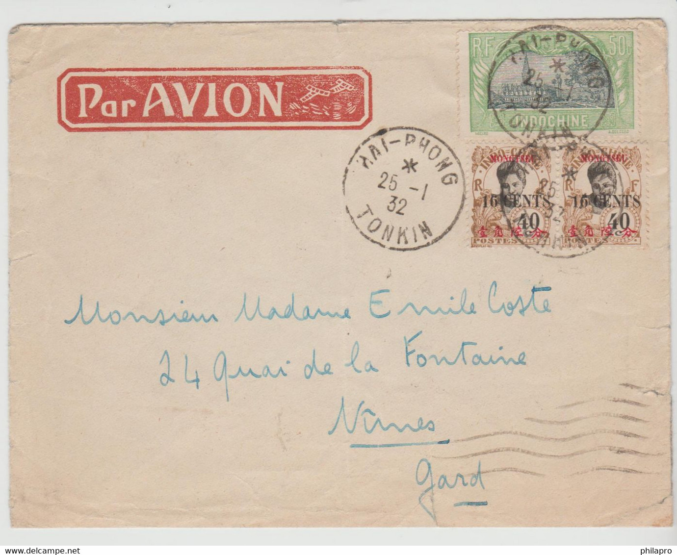 INDO CHINE 1932 COVER Mixed Frankling (INDOCHINE +  2 MONGTSEU) Stamps  From HAIPHONG  To  FRANCE Réf  R100 - Covers & Documents