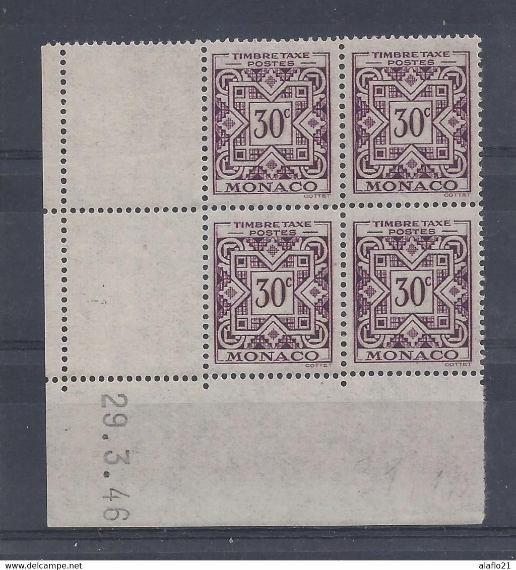 MONACO - TAXE N° 30 - Bloc De 4 COIN DATE - NEUF SANS CHARNIERE - 29/3/46 - Portomarken