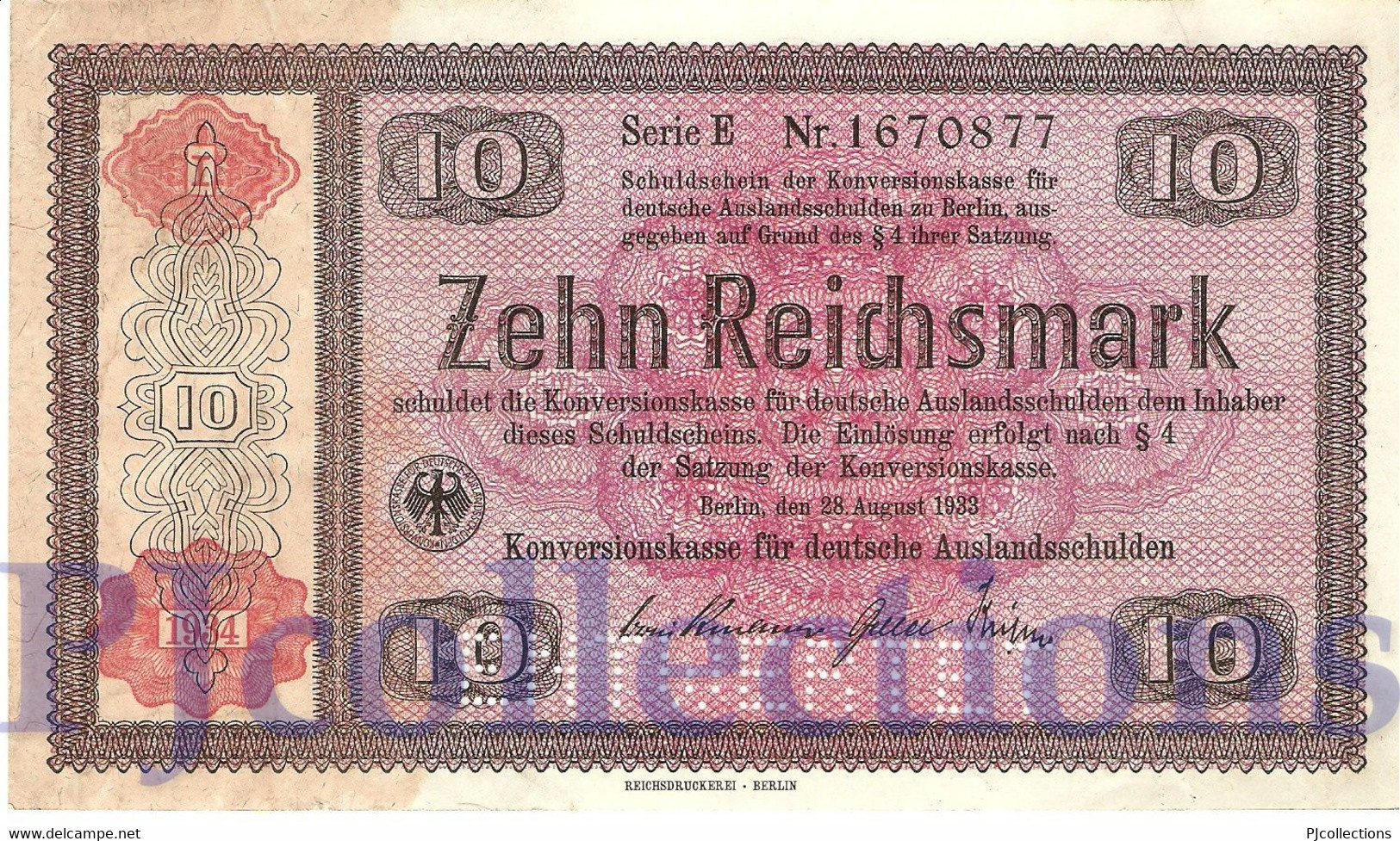 GERMANY 10 REICHSMARK 1934 PICK 208 AU PERFORATED "ENTWERTET" - 10 Reichsmark