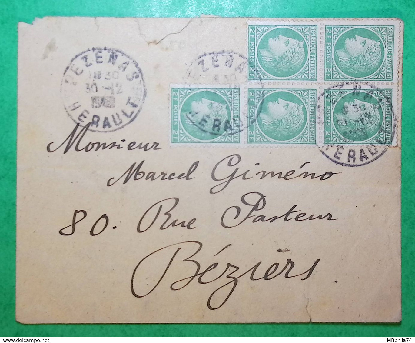 N°680 BLOC DE 5 CERES MAZELIN TARIF 10F LETTRE PEZENAS HERAULT POUR BEZIERS COVER FRANCE - 1945-47 Ceres De Mazelin