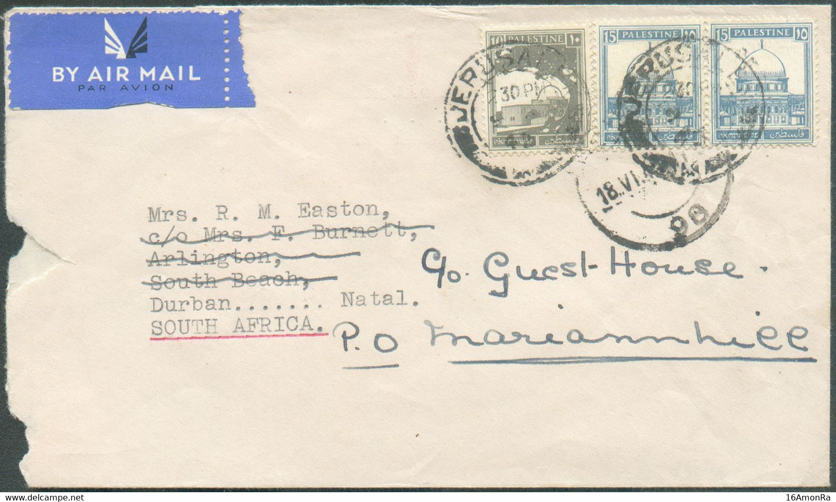 10pi. + 15pi. (pair) Obl. Dc JERUSALEM Sur Enveloppe By Air Mail 18/06 1945 Vers Durban ( Natal South Africa)  - 19869 - Palestine