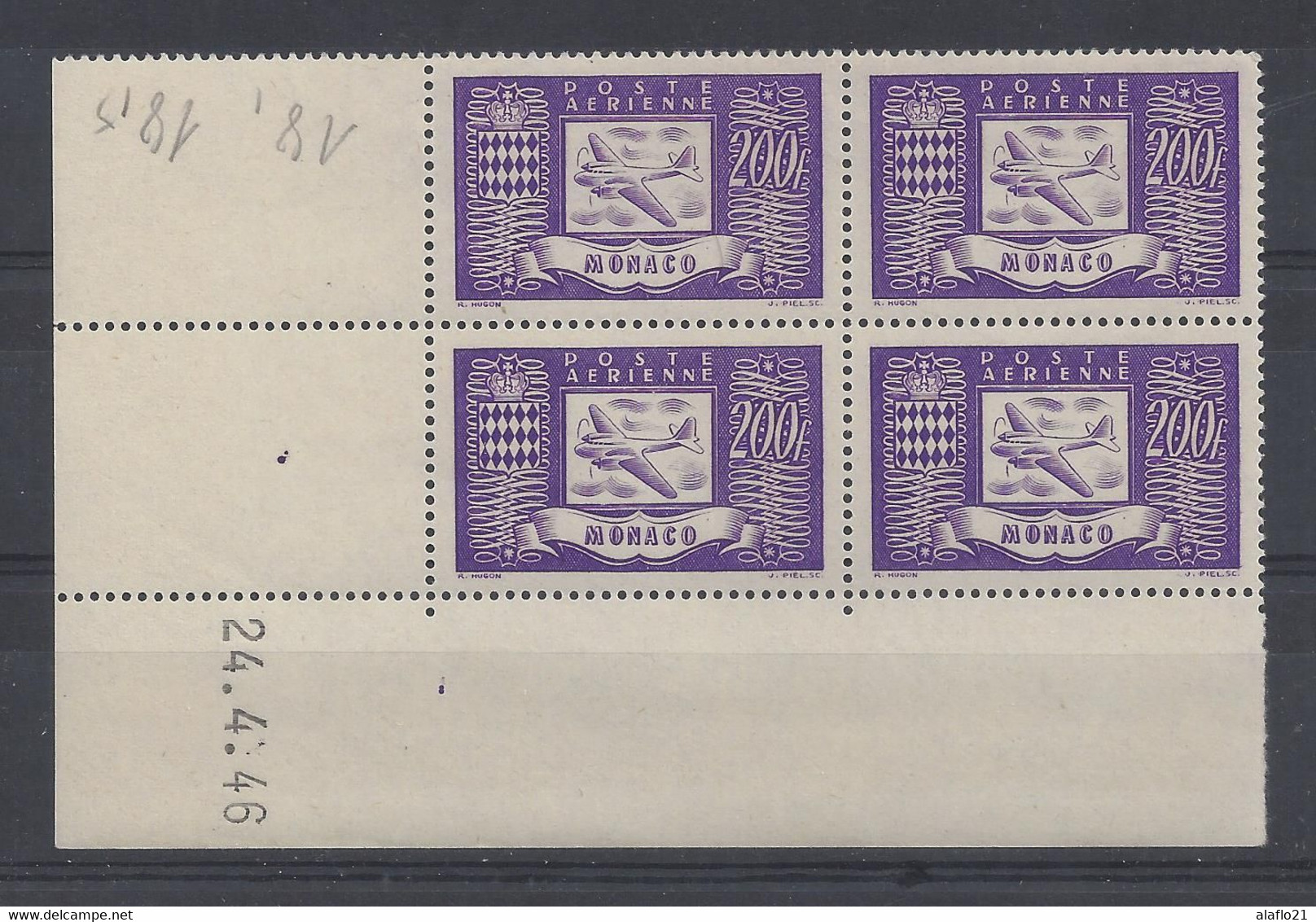 MONACO - POSTE AERIENNE N° 18 - Bloc De 4 COIN DATE - NEUF SANS CHARNIERE - 24/4/46 - Posta Aerea