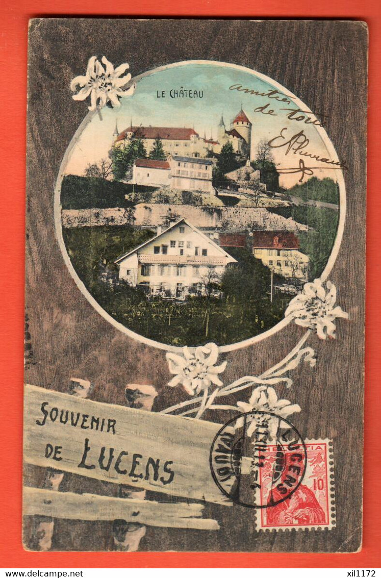 ZRH-23 TRES RARE Litho Souvenir De Lucens  Cachet Frontal  1913. Circulé Vers Haute-Savoie - Lucens