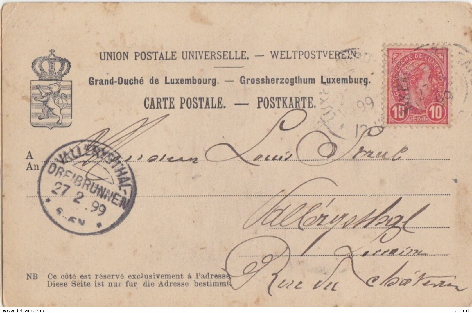 CP (L'Arlette à Clausen) Obl. Luxembourg Le 26/2/99 Sur 10c N° 73 Pour Vallerysthal Dreibrunnen - 1895 Adolphe Rechterzijde