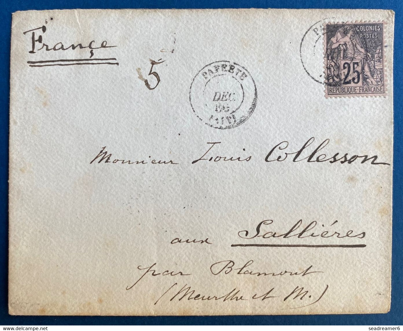 TAHITI Lettre Du Dec 1886 Pour La Sablières Par Blamont N°54 Obl "Papeete/taiti" Pas Si Courant & TTB - Briefe U. Dokumente