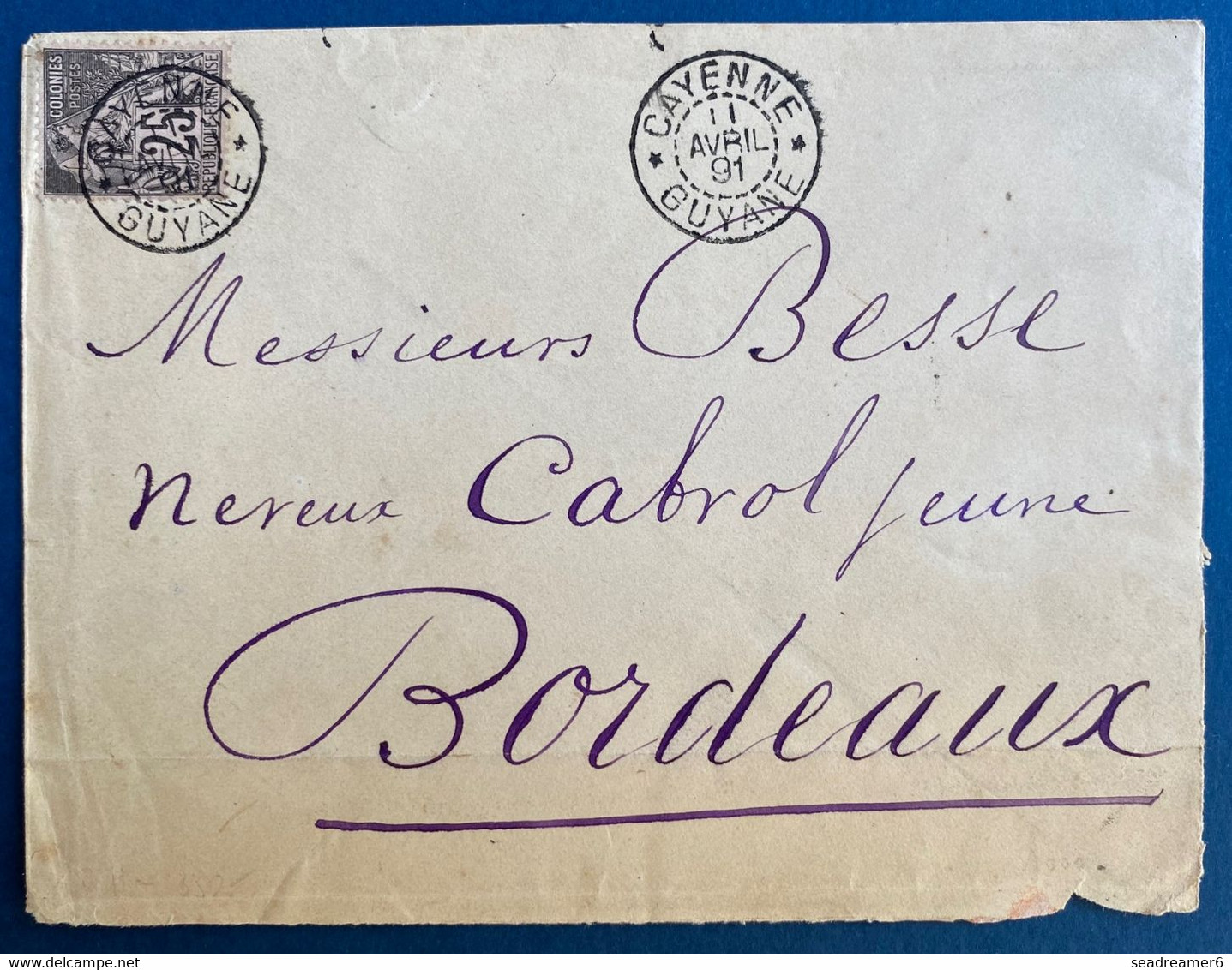 Guyane Lettre Du 11 Avr 1891 Pour Bordeaux N°54 25c Obl "Cayenne/Guyane" TTB - Lettres & Documents