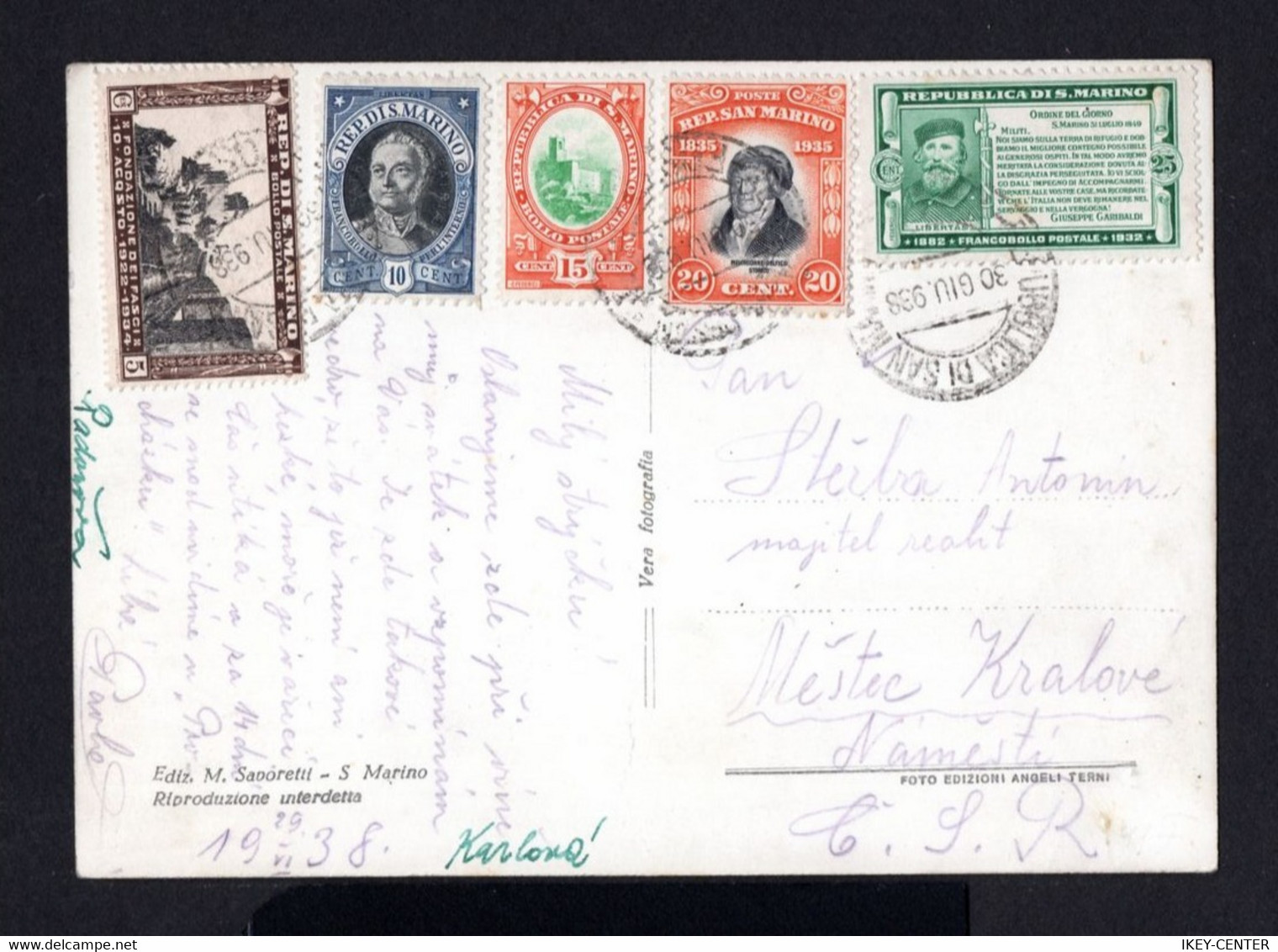 S4584-SAN MARINO-OLD POSTCARD SAINT MARIN To CZECHOSLOVAKIA 1938.WWII.Carte Postale,CARTOLINA.POSTKARTE - Briefe U. Dokumente