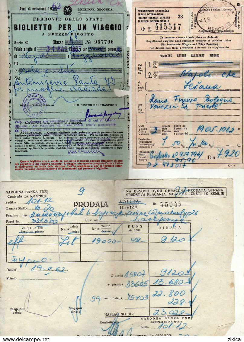 Transportation Ticket - Railway - Napoli Italy / Sezana Slovenia / Yugoslavia 1963 - Europa