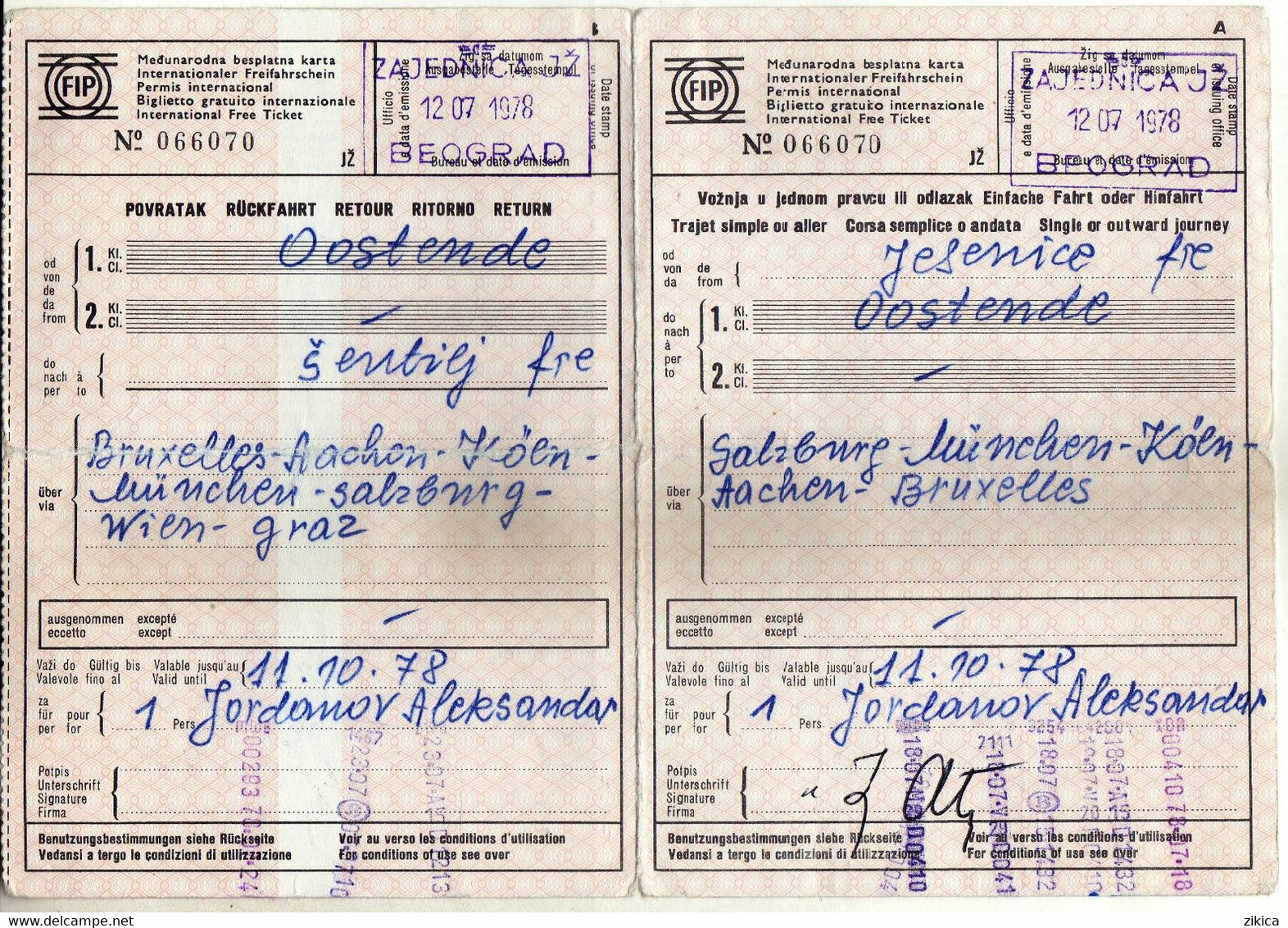 Transportation Ticket - Yugoslavia Railway - Jesenice Slovenia - Oostende Belgium - Europe