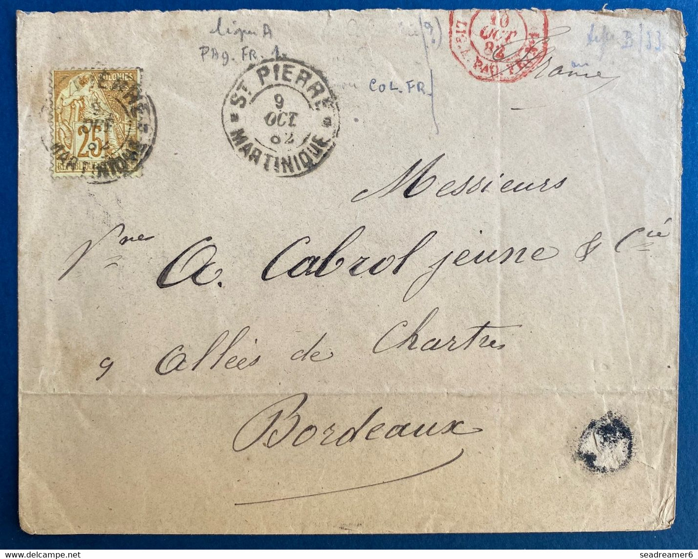 Martinique Lettre Oct 1882 Pour Bordeaux N°53 Obl "Saint Pierre / Martinique" + Rare Dateur "Colonies Lig A Paq FR N°1" - Covers & Documents