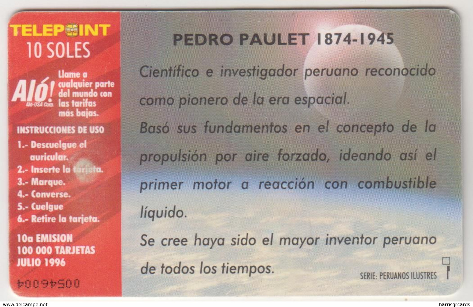 PERU - Pedro Paulet Space Shuttle , 07/96, Tirage 100.000, Used - Peru
