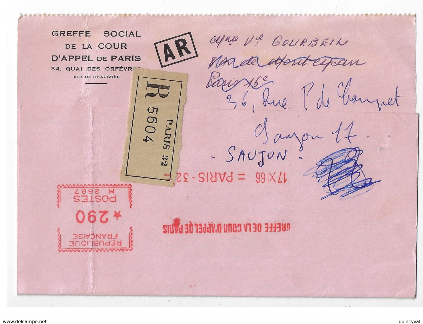 PARIS 32 Carte Lettre Recommandée Réexpédiée Greffe Social Cour D'appel EMA Type M 2,90 F Ob 1966 Réexp Saujon Charentes - EMA ( Maquina De Huellas A Franquear)