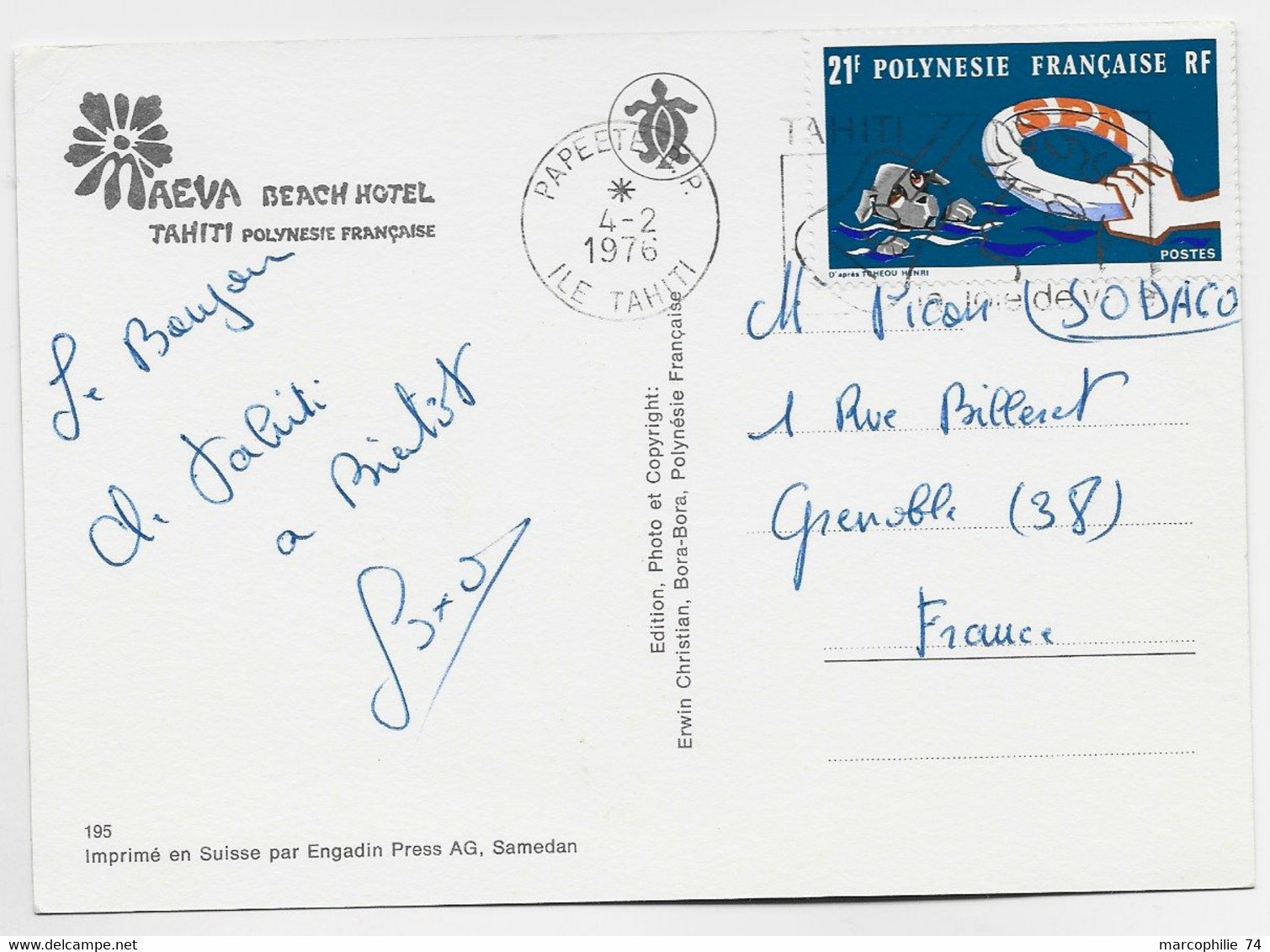 POLYNESIE FRANCAISE 21FR SEUL CARTE BEACH HOTEL TAHITI PAPEETE 4.2.1976 ILE TAHITI - Cartas & Documentos