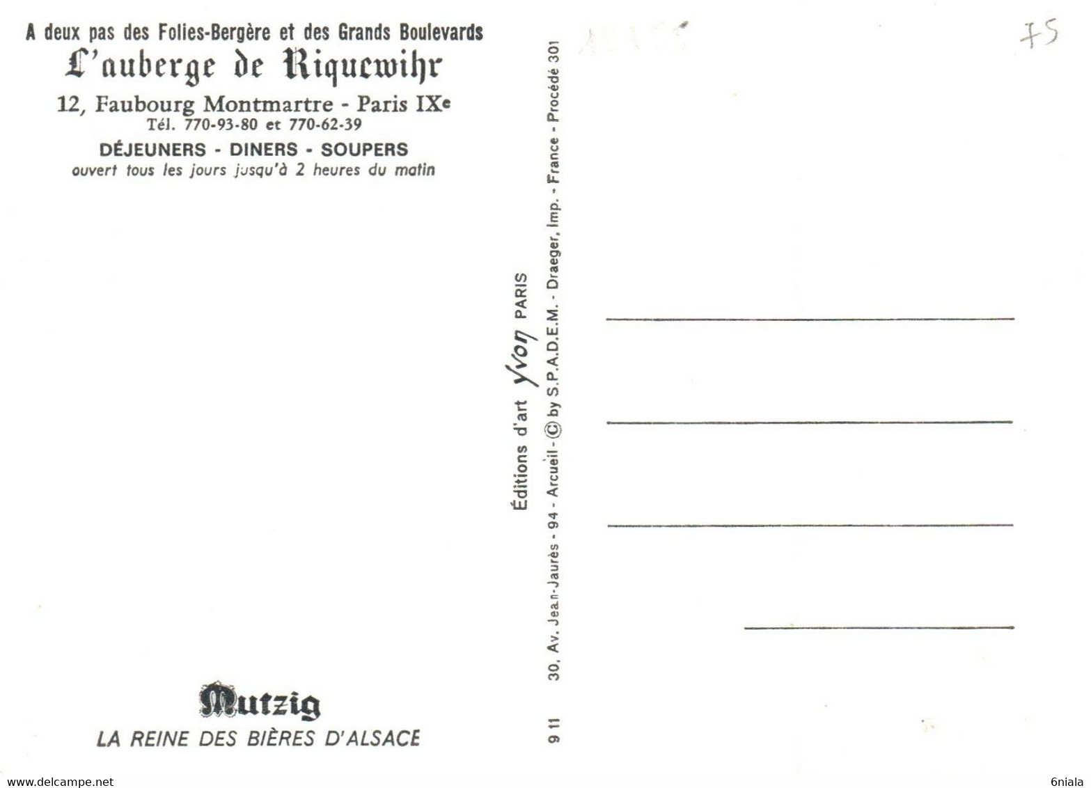 AUBERGE De RIQUEWIHR 12 Faubourg Montmartre  PUB Mutzig Bière D Alsace   (recto-verso) 75 Paris IXe - Cafés, Hôtels, Restaurants