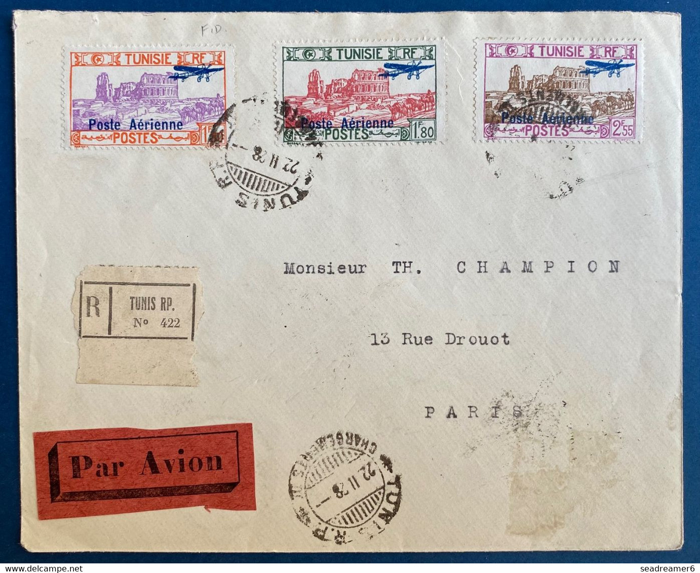 Lettre Recommandée Par Avion De TUNIS En 1928 Avec PA N°7, 8 & 9 Pour Paris Obl Dateur "TUNIS/Chargements" TTB - Poste Aérienne