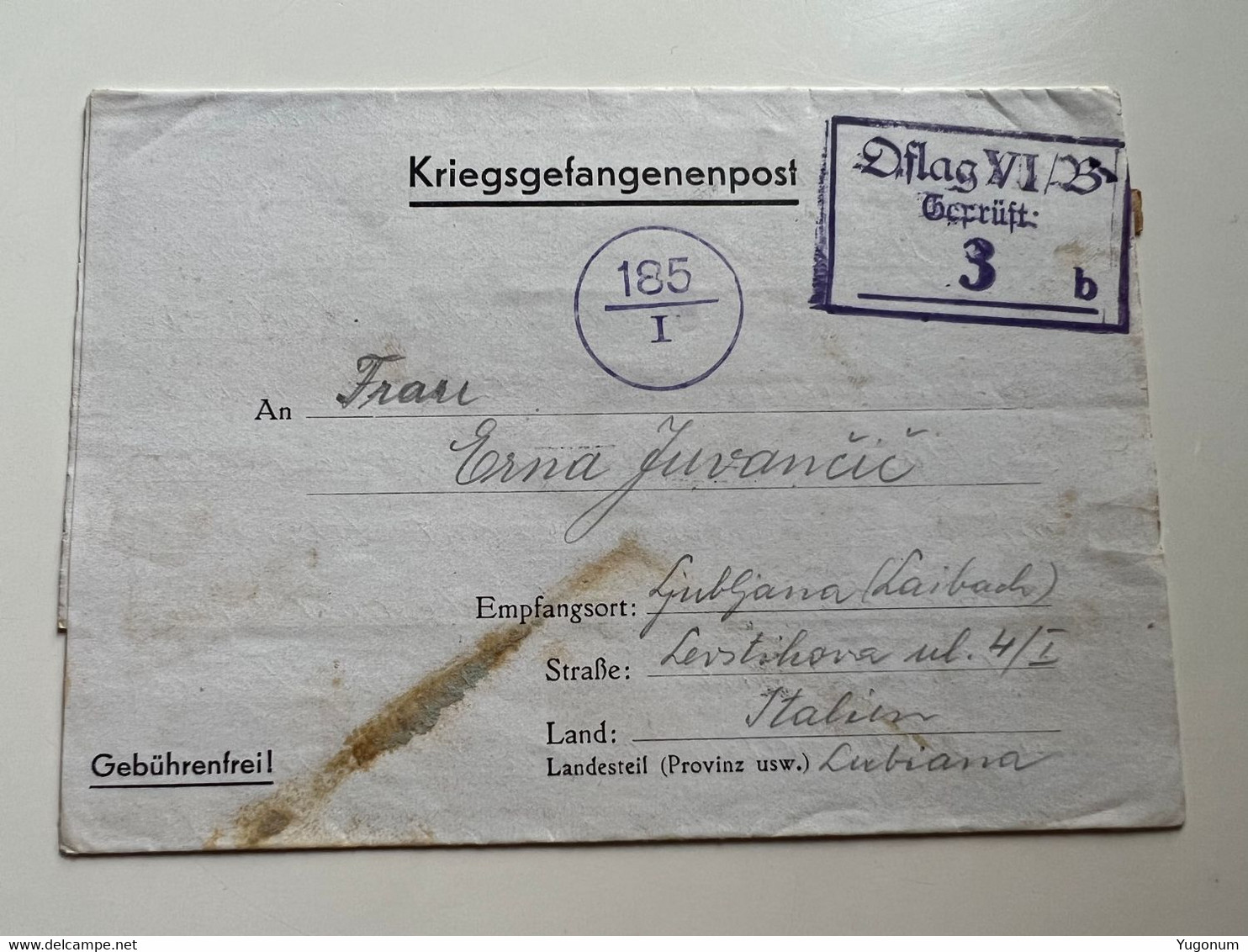 WWII  OFLAG VI / B  Kriegsgefangenpost Lager Dossel  - Lubiana Italy 1941  (No 575) - Ljubljana