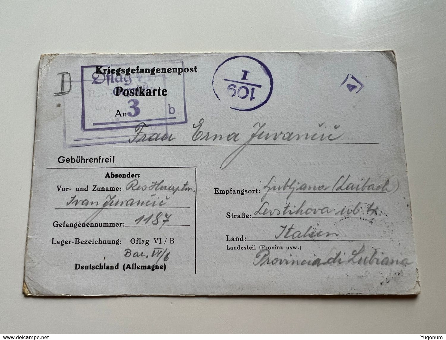 WWII  OFLAG VI / B  Kriegsgefangenpost Lager Dossel  - Lubiana Italy 1941  (No 576) - Ljubljana