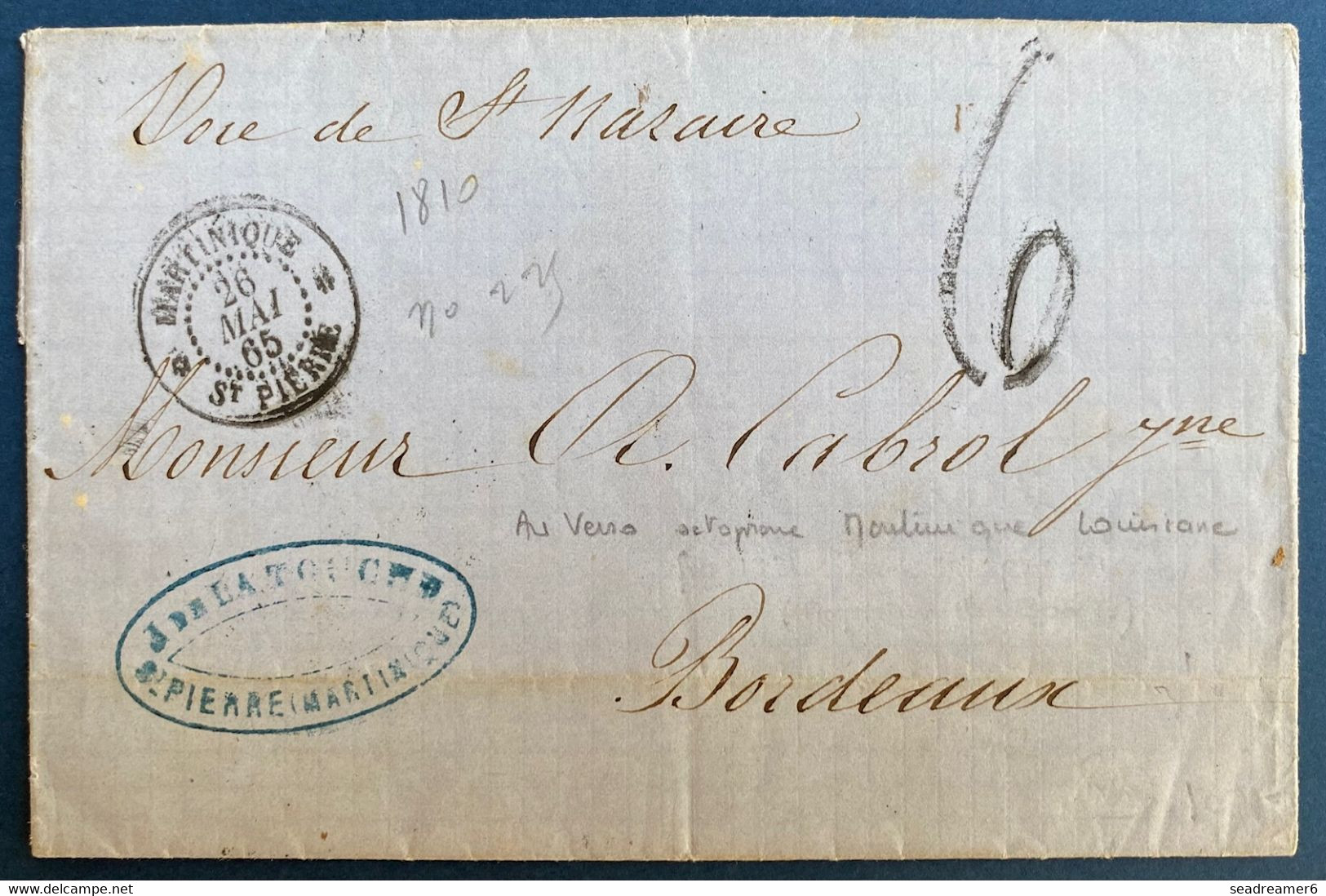 Lettre 1865 Pour Bordeaux Dateur "Martinique /st Pierre" Voie De St Nazaire, Taxée + Au Dos RR "Martinique/Louisiane" - Brieven En Documenten