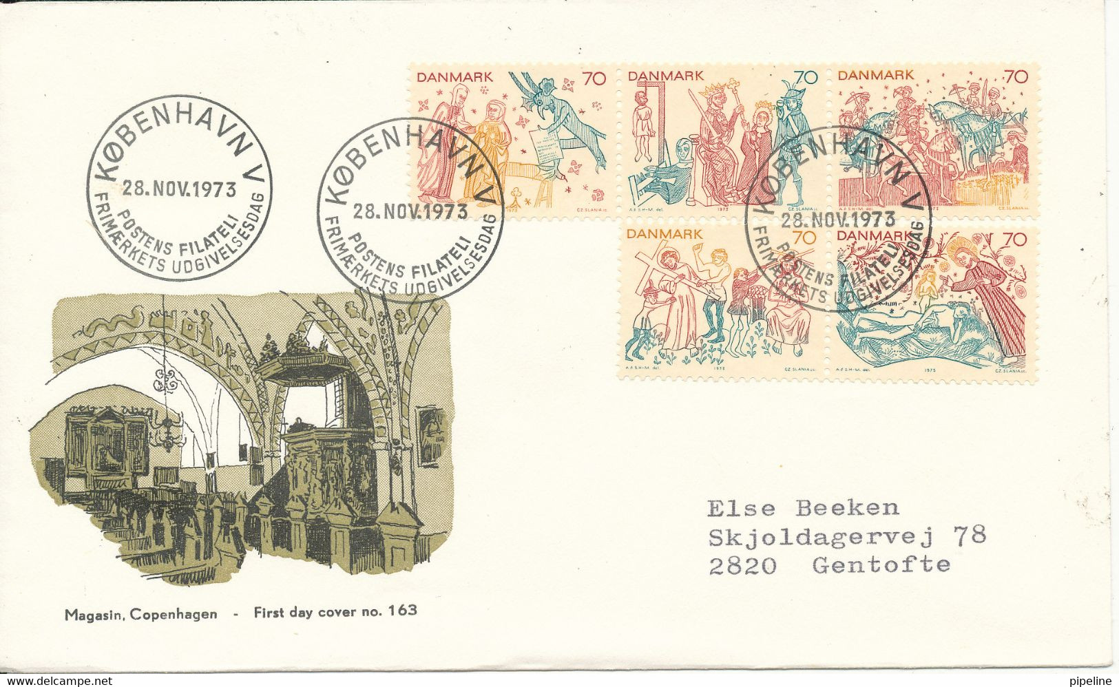 Denmark FDC 28-11-1973 Frescoes Complete Set Of 5 With Cachet - Gemälde