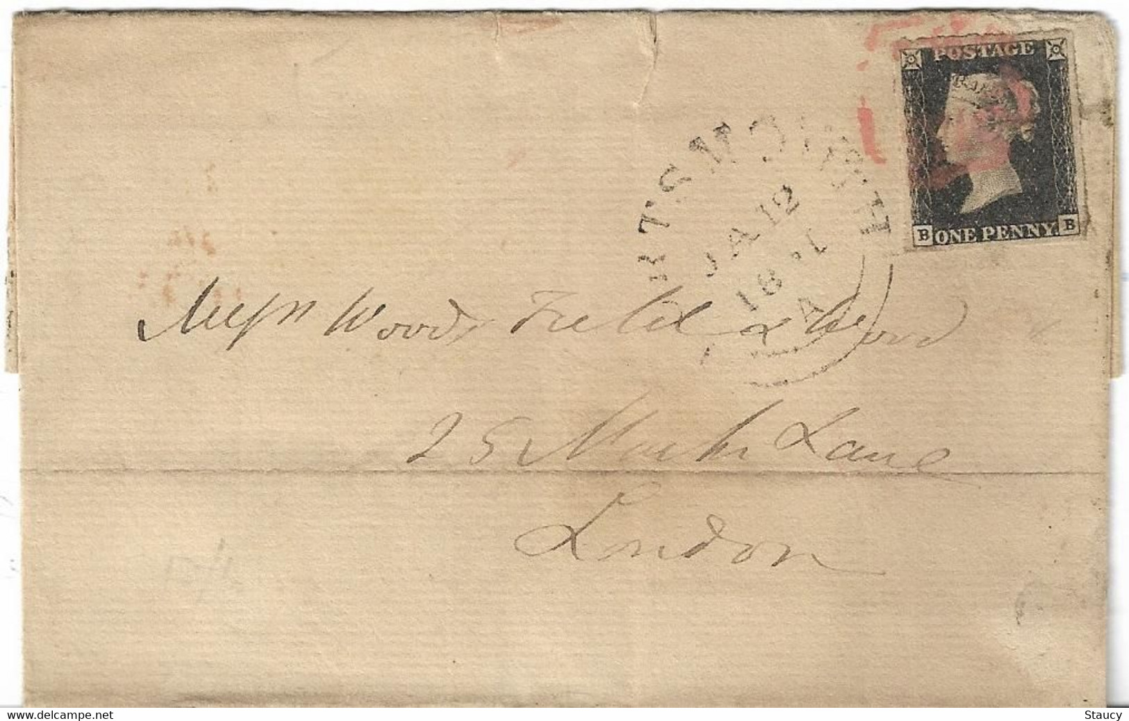 UK GB GREAT BRITAIN 1841 SG2 Penny Black Four Margins Example On Cover Portsmouth To London (BB) Used As Per Scan - Brieven En Documenten