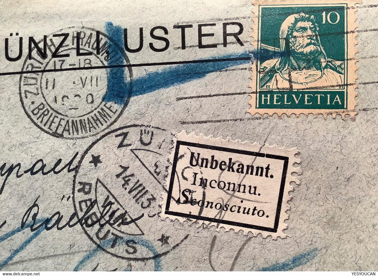 „UNBEKANNT INCONNU“ Gestempelt ! ZÜRICH REBUTS 1930 Nachportomarken Brief USTER (Schweiz ZNr 172 Portomarken - Lettres & Documents