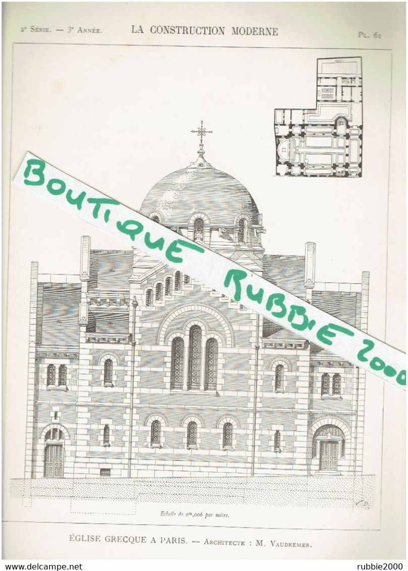 3 PLANS DESSINS 1897 PARIS 16° EGLISE ORTHODOXE GRECQUE SAINT ETIENNE 7 RUE GEORGES BIZET ARCHITECTE VAUDREMER - Paris