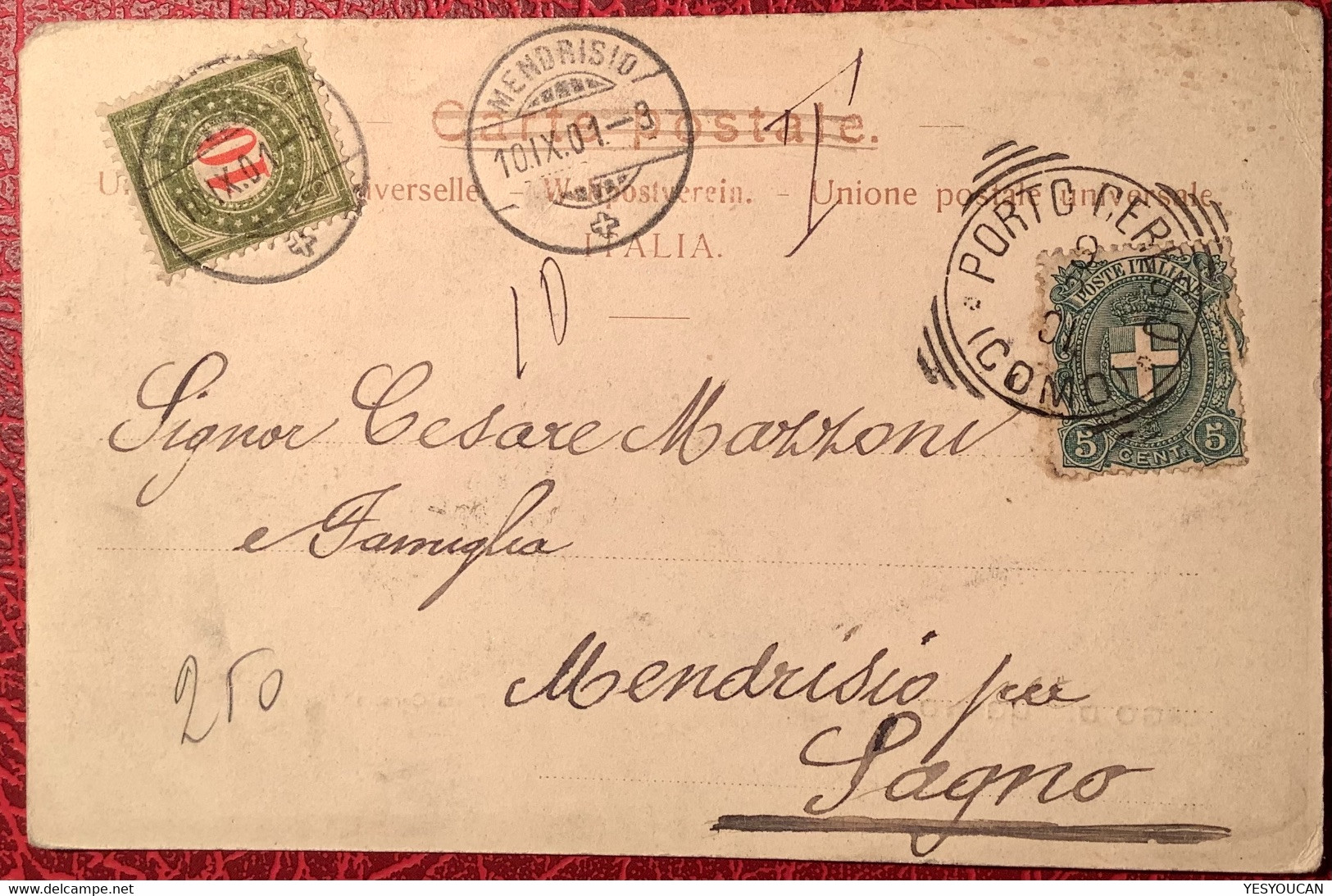 PORTO CERESIO COMO 1901 Italia Cartolina> Mendrisio Ticino Schweiz Nachportomarke (Portomarken Brief Ak Wehrli - Marcophilie