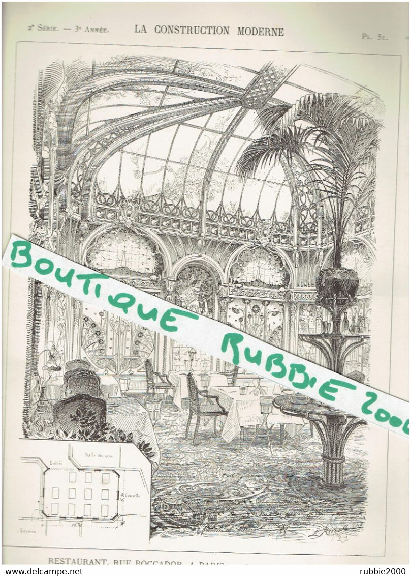 PLAN DESSIN 1897 PARIS 8° RUE BOCCADOR RESTAURANT SALLE A MANGER DE L HOTEL LANGHAM ARCHITECTE HURTRE ART NOUVEAU - Paris
